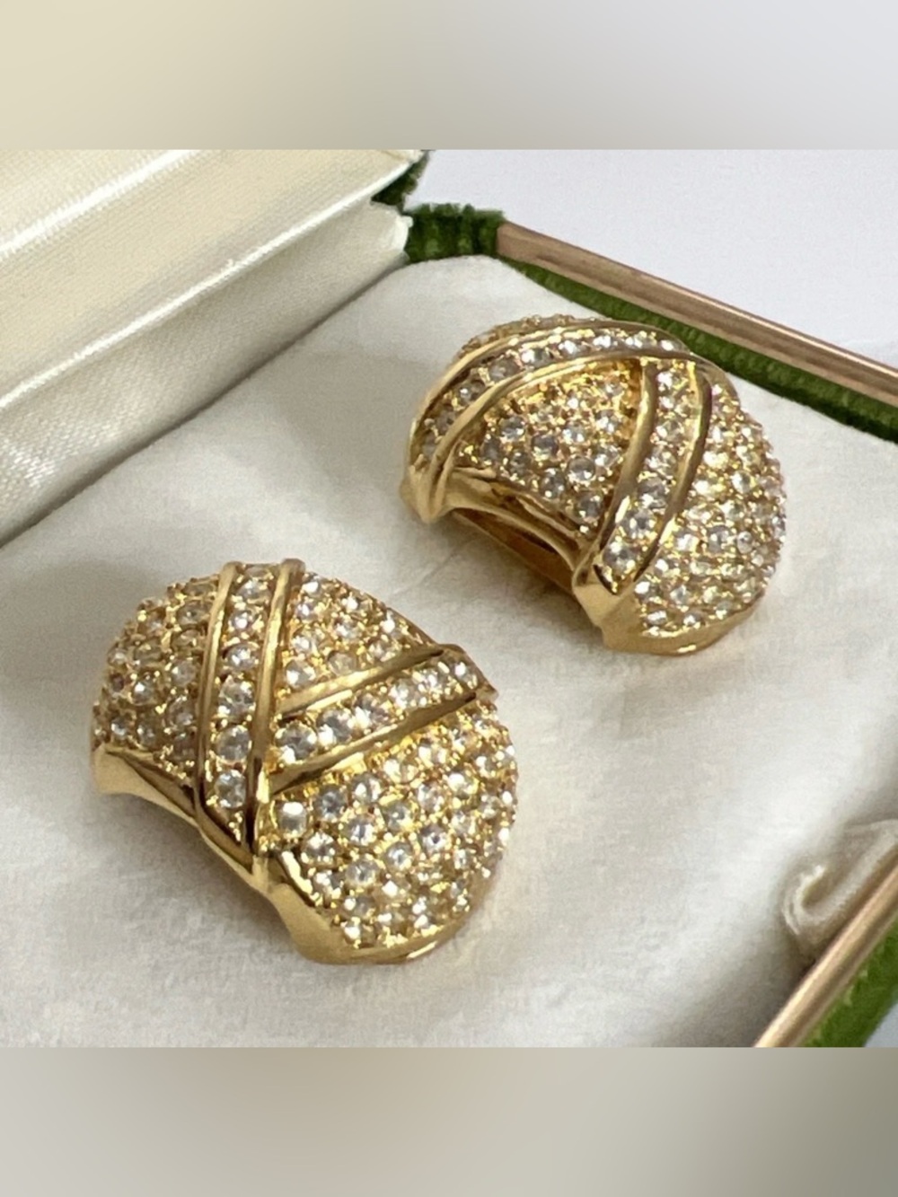 Vintage Christian Dior Classic Wrapped Knot Rhinestone Gold Hoop Clip Earrings - Picture 3 of 10